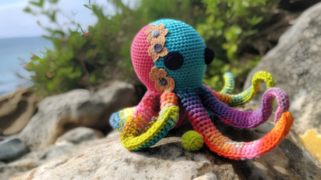 Handmade crocheted octopus on a rock on the seashoreの素材