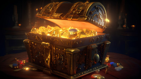 Gold treasure chest on a dark background. 3d render illustration.の素材