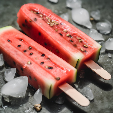 Watermelon ice cream popsicles with black sesame seeds and watermelon slicesの素材