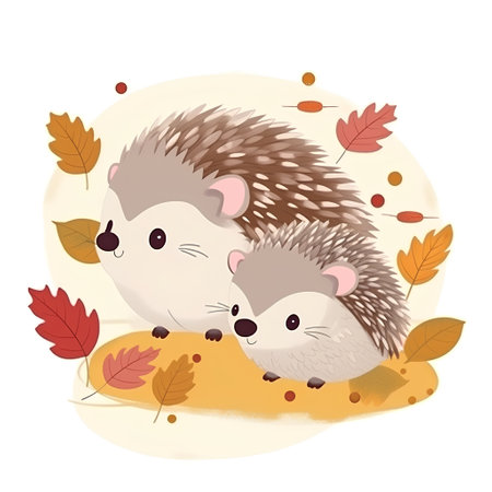 Hedgehogs with autumn leaves on a white background. Vector illustration.の素材