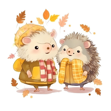 Two cute hedgehogs in warm clothes and autumn leaves on a white backgroundの素材