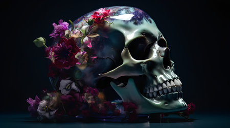 Skull with flowers on dark background. 3d render. Halloween concept.の素材