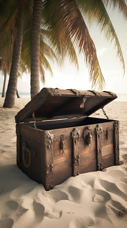 Treasure chest on the beach with palm trees in the background.の素材