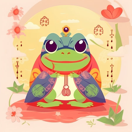 Cute frog in a lotus pose. Cartoon vector illustration.の素材