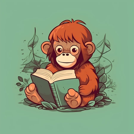 Cartoon monkey reading a book. Vector illustration in cartoon style.の素材