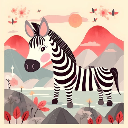 Zebra in the meadow. Vector illustration in retro style.の素材