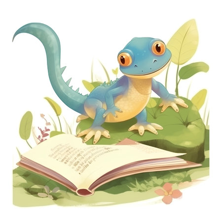 Illustration of a blue lizard with a book on a white backgroundの素材