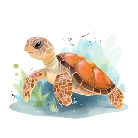 Turtle on the watercolor background. Cartoon style. Vector illustration.の素材
