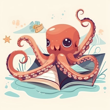 Illustration of a cute octopus reading a book in the seaの素材