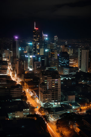 Aerial view of modern city at night, Bangkok, Thailand.