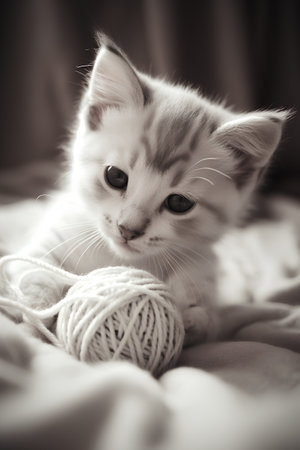 Cute little kitten playing with a ball of yarn on the bedの素材