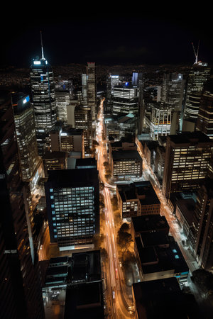 Aerial view of downtown Los Angeles at night, California, USA.の素材