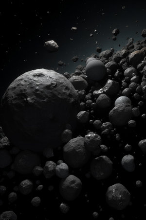 3d render of asteroid in space with stars and planet in backgroundの素材