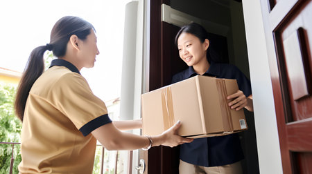 Young woman receiving parcel from delivery man at home. Delivery service concept.の素材