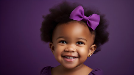 Portrait of a cute african american little girl on purple backgroundの素材