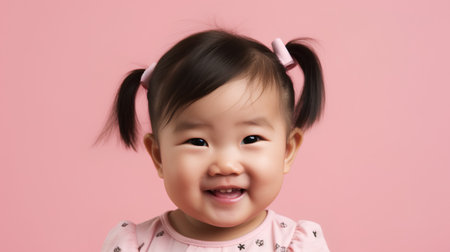 Portrait of cute little asian girl smiling over pink background.の素材