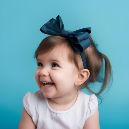 Portrait of a cute little girl with a blue bow on her head on a blue backgroundの素材