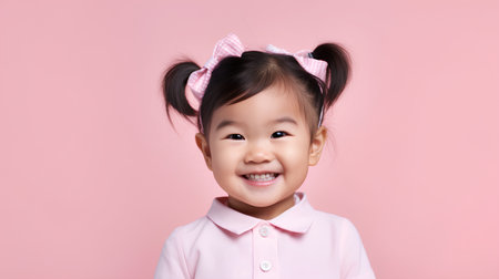 Portrait of cute little asian child girl in pink shirt on pink backgroundの素材