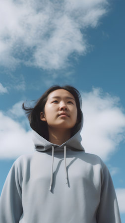 young pretty asian woman happy smiling on blue sky background, lifestyle people conceptの素材