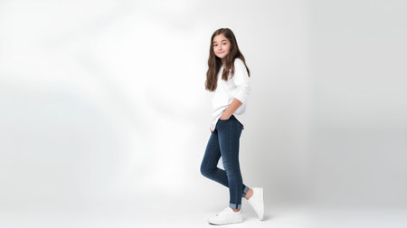 Full length portrait of a beautiful young woman in white t-shirt and blue jeans.の素材