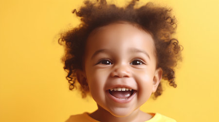 Little african american girl with curly hair laughing on yellow backgroundの素材