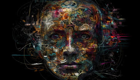 Digital collage of a human face combined with a digital design.の素材