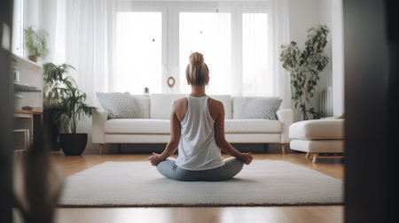 Young woman practicing yoga at home, sitting in lotus position.の素材