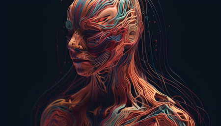 Abstract 3d rendering of a female face combined with colorful lines.の素材
