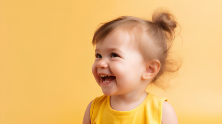 Portrait of a smiling little girl in a yellow T-shirt on a yellow backgroundの素材