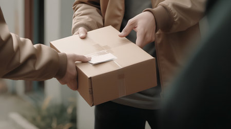 Close-up of delivery man giving parcel box to customer at homeの素材