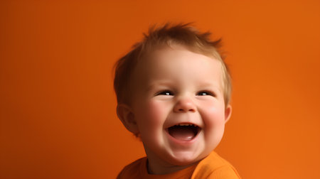 Portrait of a laughing baby boy on a orange background. Close-up.の素材