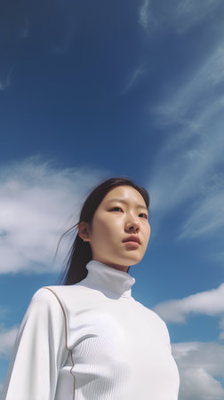 Beautiful asian girl on the background of blue sky with cloudsの素材