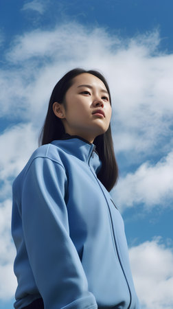 Young asian woman in sportswear against blue sky with cloudsの素材