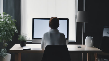 Rear view of businesswoman working on computer while sitting at desk in officeの素材