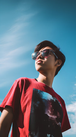 Portrait of Asian boy in red shirt and sunglasses against blue skyの素材