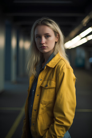 Portrait of a beautiful blonde girl in a yellow jacket in the cityの素材