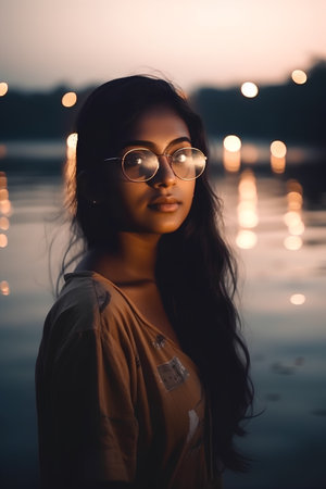 Portrait of a beautiful young brunette woman in glasses at sunsetの素材