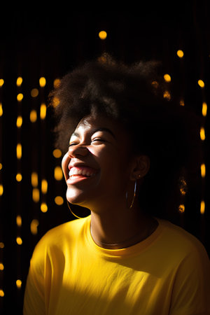 Portrait of a beautiful young african american woman with afro hairstyle in a yellow sweater.の素材