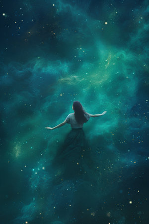 beautiful girl in the space of stars. 3d rendering.の素材