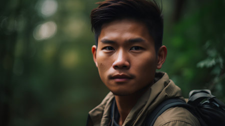 Portrait of young asian man with backpack hiking in the forestの素材
