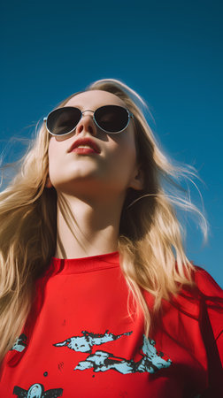 Beautiful young woman with long blond hair in a red jacket and sunglasses on a blue sky backgroundの素材