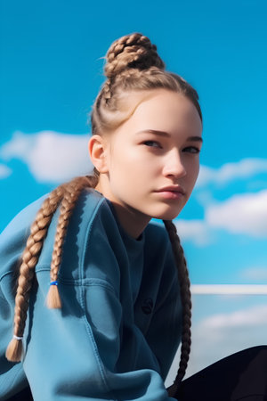 Portrait of a beautiful young girl with braids on the background of blue skyの素材
