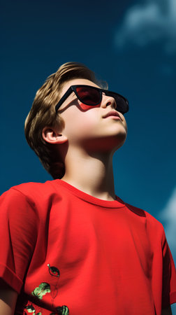 Fashion portrait of a cute little boy in sunglasses on a background of blue skyの素材