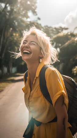 Happy young woman with backpack walking on the road in the morning.の素材