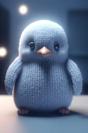 Cute little penguin in a blue knitted hat. 3d renderingの素材