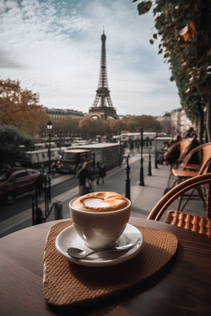 Cup of cappuccino and Eiffel tower in Paris, Franceの素材