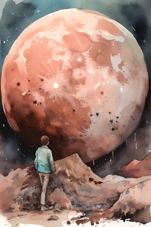Young man looking at the full moon in the night sky. Watercolor illustration.の素材