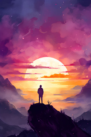 Vector illustration of a man standing on top of a mountain and watching the sunset.の素材