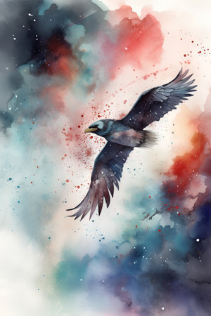Watercolor illustration of an eagle flying in the night sky. Aquarelle painting.の素材