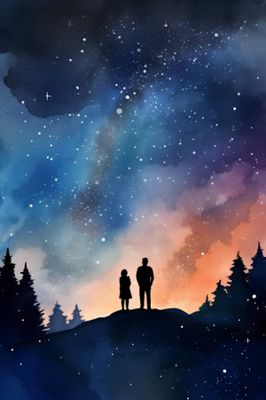 Silhouette of a loving couple on a hill in the night skyの素材